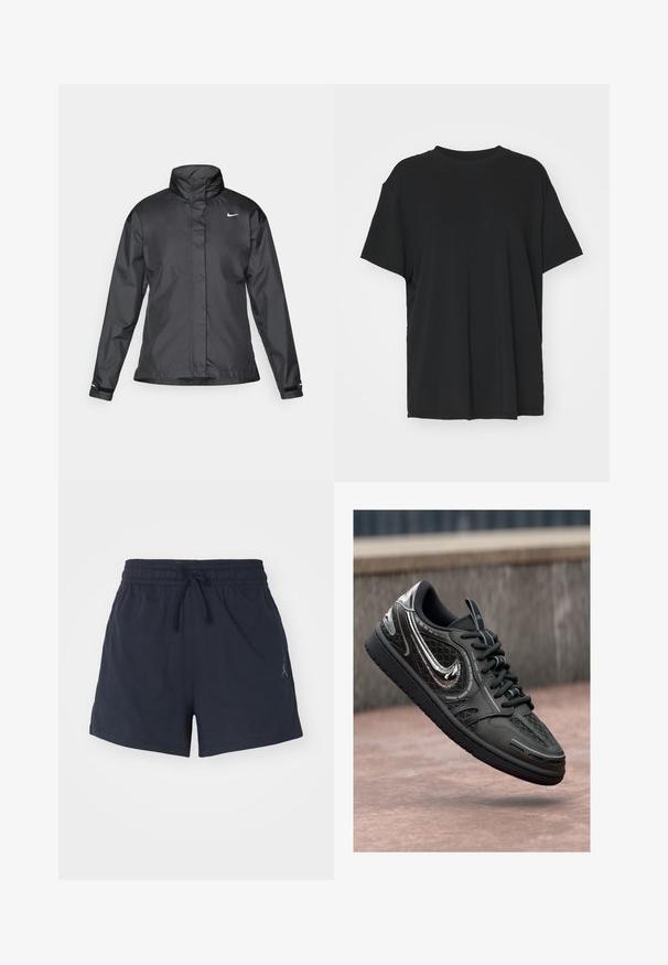 Zwarte windjack met een hoge kraag, volledige rits aan de voorkant en het Nike-logo op de borst; gemaakt van gladde, lichte stof.; Zwarte korte mouwen t-shirt van soepel stof, met een ronde hals en een losse pasvorm. Heeft zij-splitten voor extra comfort en ademend vermogen.; Marineblauwe sportshorts van vochtafvoerend materiaal, met een elastische tailleband met koord en een klein logo.; Zwarte sneaker met een gestructureerd oppervlak, metalen accenten en een meshpatroon. Heeft traditionele veters en een gladde rubberen zool.