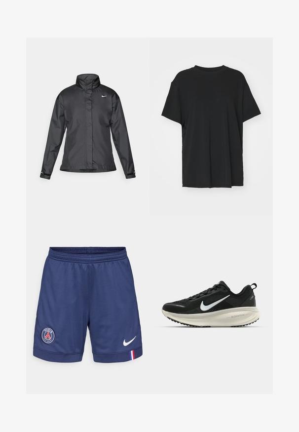 Giacca a vento nera con colletto alto, chiusura full zip e logo Nike sul petto; realizzata in tessuto leggero e liscio.; T-shirt nera a maniche corte realizzata in un tessuto morbido, con collo rotondo e vestibilità ampia. Presenta delle fessure laterali per un comfort e una traspirabilità aggiuntivi.; Shorts sportivi blu navy realizzati in tessuto traspirante, con logo del Paris Saint-Germain e il marchio Nike bianco in basso a destra.; Scarpa da corsa nera Nike con tomaia in rete traspirante, logo Swoosh bianco, dettagli testurizzati e intersuola ZoomX di colore crema.