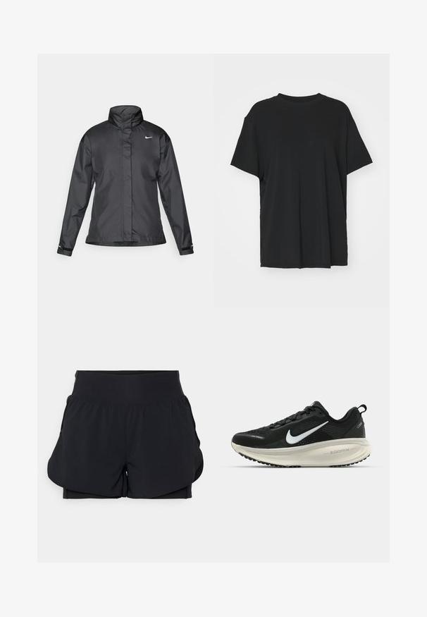 Black windbreaker jacket featuring a high collar, full zip front, and Nike logo on the chest; made of smooth, lightweight fabric.; Black short-sleeve t-shirt made of smooth fabric, with a crew neck and loose fit. Features side slits for added comfort and breathability.; Black sports shorts featuring a layered design with a wide waistband and inner lining. Made of smooth, stretchy material.; Black Nike running shoe with breathable mesh upper, white swoosh logo, textured detailing, and a cream-colored ZoomX midsole.