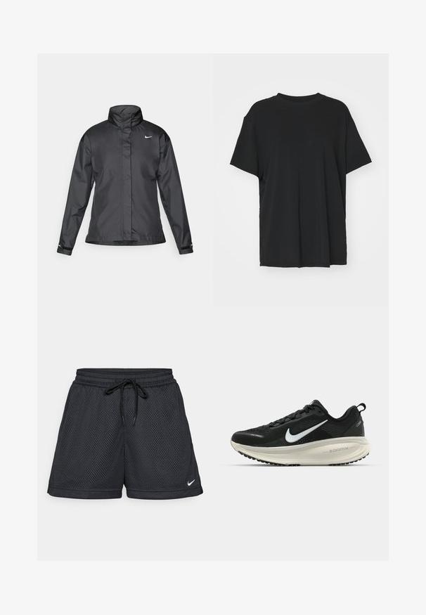 Jachetă neagră tip windbreaker cu guler înalt, fermoar înaintat și logo Nike pe piept; fabricată dintr-un material neted și ușor.; Tricou negru cu mânecă scurtă, fabricat dintr-un material neted, cu guler rotund și croială lejeră. Dispune de fante laterale pentru un plus de confort și respirație.; Şorturi negre din plasă cu talie elastică, detalii cu șnur și un mic logo Nike alb pe marginea de jos.; Pantofii de alergare negri de la Nike, cu parte superioară din plasă respirabilă, logo-ul alb Swoosh, detalii texturate și o talpă intermediară ZoomX de culoare crem.