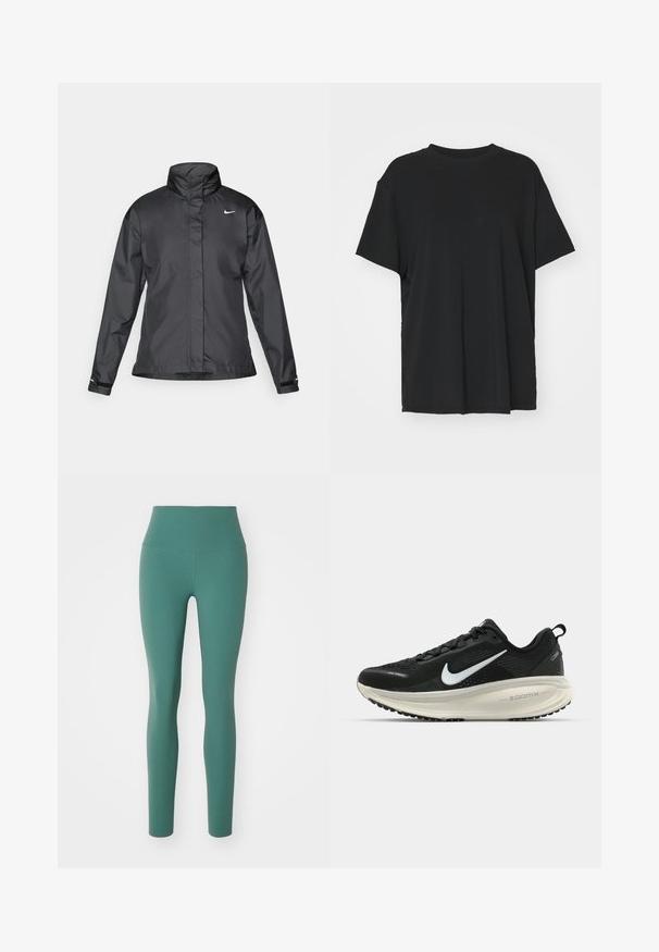 Black windbreaker jacket featuring a high collar, full zip front, and Nike logo on the chest; made of smooth, lightweight fabric.; Black short-sleeve t-shirt made of smooth fabric, with a crew neck and loose fit. Features side slits for added comfort and breathability.; High-waisted leggings in a solid teal color, made from stretchy fabric with a smooth texture, featuring a fitted design and no visible seams.; Black Nike running shoe with breathable mesh upper, white swoosh logo, textured detailing, and a cream-colored ZoomX midsole.