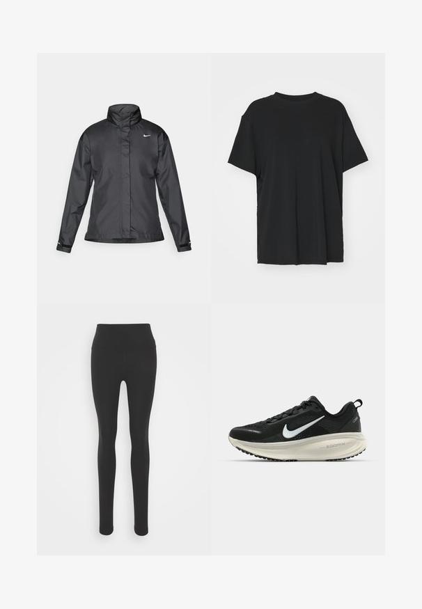Černý větrový kabát s vysokým límcem, plným zipem vpředu a logem Nike na hrudi; vyrobený z hladké, lehké tkaniny.; Černé tričko s krátkým rukávem vyrobené z hladkého materiálu, s kulatým výstřihem a volným střihem. Obsahuje boční rozparky pro větší pohodlí a prodyšnost.; Černé legíny s vysokým pasem, vyrobené z hladkého, elastického materiálu. Mají přiléhavý střih a dlouhé nohavice.; Černá běžecká obuv Nike s prodyšným síťovaným svrškem, bílým logem swoosh, texturovanými detaily a krémovou mezipodešví ZoomX.