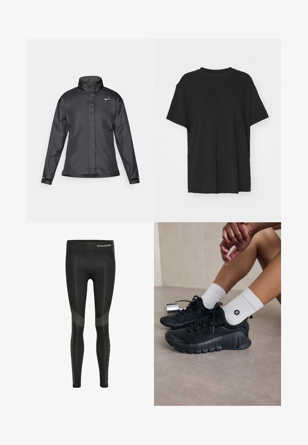 Zwarte windjack met een hoge kraag, volledige rits aan de voorkant en het Nike-logo op de borst; gemaakt van gladde, lichte stof.; Zwarte korte mouwen t-shirt van soepel stof, met een ronde hals en een losse pasvorm. Heeft zij-splitten voor extra comfort en ademend vermogen.; Zwarte sportlegging met een hoge tailleband, textuurstof en gestreepte patronen langs de zijkanten voor extra detail.; Zwarte sport schoenen van een gestructureerde stof, met vetersluiting en een opvallende zool, gecombineerd met witte geribbelde sokken met een klein logo.