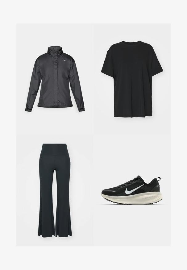 Black windbreaker jacket featuring a high collar, full zip front, and Nike logo on the chest; made of smooth, lightweight fabric.; Black short-sleeve t-shirt made of smooth fabric, with a crew neck and loose fit. Features side slits for added comfort and breathability.; Yogasearcher JAIPUR FLARE PANTS - Tracksuit bottoms - forest; Black Nike running shoe with breathable mesh upper, white swoosh logo, textured detailing, and a cream-colored ZoomX midsole.