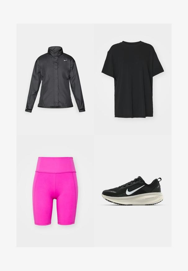 Fekete szélálló dzseki magas gallérral, teljes cipzárral elöl és Nike logóval a mellkason; sima, könnyű anyagból készült.; Fekete, rövid ujjú póló sima anyagból, kerek nyakkivágással és laza szabással. Oldalhasítékokkal a kényelem és a légáteresztés érdekében.; Girlfriend Collective COMPRESSIVE HIGH RISE BIKE SHORTS - Leggingek - ultraviolet; Fekete Nike futócipő légáteresztő hálós felsőrésszel, fehér Swoosh logóval, textúrázott részletekkel és krém színű ZoomX középtalppal.