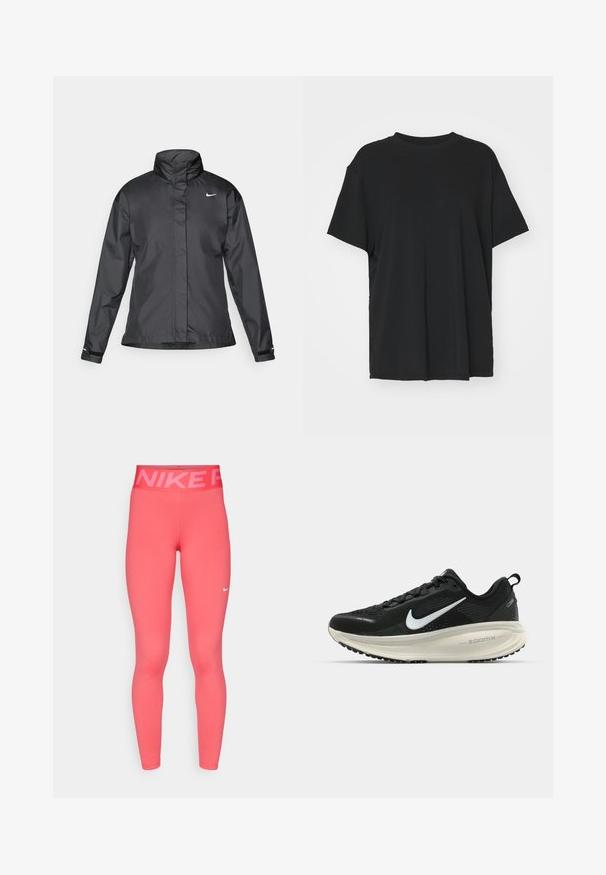 Μαύρο αδιάβροχο μπουφάν με ψηλό γιακά, πλήρη φερμουάρ μπροστά και λογότυπο Nike στο στήθος; κατασκευασμένο από λείο, ελαφρύ ύφασμα.; Μαύρο κοντομάνικο μπλουζάκι φτιαγμένο από απαλό ύφασμα, με στρογγυλή λαιμόκοψη και άνετη εφαρμογή. Διαθέτει πλευρικές σχισμές για επιπλέον άνεση και αναπνοή.; Ροζ κολάν Nike με ψηλή μέση που φέρει το κείμενο "NIKE", κατασκευασμένα από απαλό, ελαστικό ύφασμα. Περιλαμβάνει ένα μικρό λευκό λογότυπο κοντά στον αστράγαλο.; Μαύρο αθλητικό παπούτσι Nike με αναπνεύσιμο μανίκι από ύφασμα, λευκό λογότυπο swoosh, ανάγλυφη λεπτομέρεια και μεσαία σόλα ZoomX σε κρέμα απόχρωση.