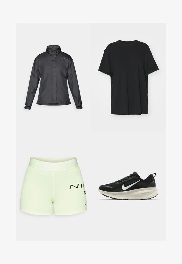 Crna vremenska jakna s visokim ovratnikom, punim zatvaračem sprijeda i Nike logom na grudima; izrađena od glatkog, laganog materijala.; Crna majica kratkih rukava napravljena od glatkog materijala, s okruglim izrezom i slobodnim krojem. Ima bočne proreze za dodatnu udobnost i prozračnost.; Svijetlozelene sportske kratke hlače od rastezljivog materijala, s širokim remenom na kojem se nalazi tekst "NIKE PRO" i crnim logotipom.; Crne Nike trkačke tenisice s prozračnom mrežastom gornjom konstrukcijom, bijelim swoosh logotipom, teksturiranim detaljima i kremastom ZoomX srednjom potplatnom jedinicom.