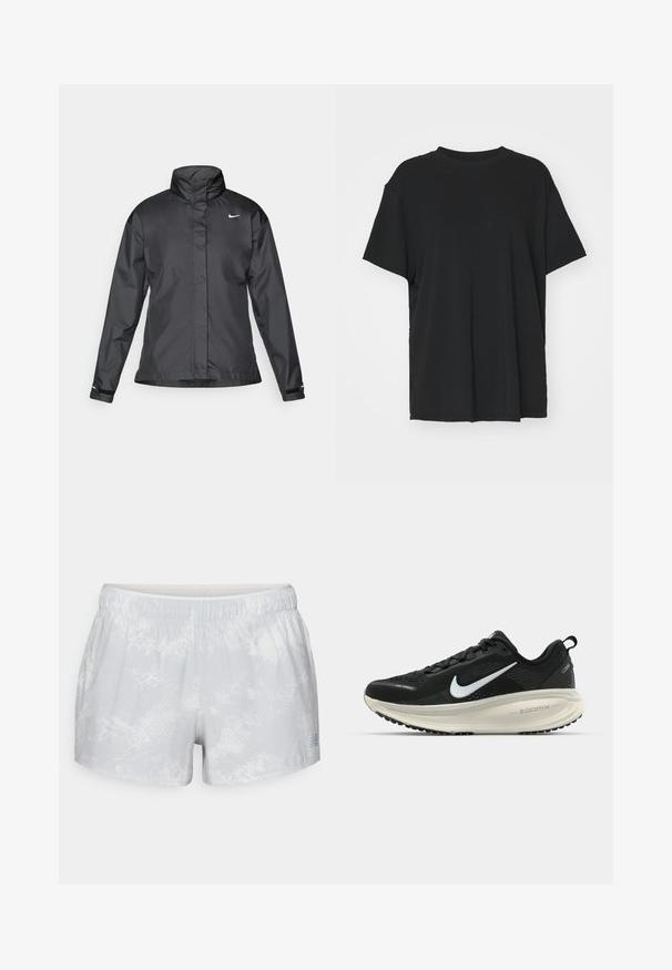 Juoda vėjui atspari striukė su aukštu apykakle, visišku užtrauktuku priekyje ir Nike logotipu krūtinėje; pagaminta iš lygaus, lengvo audinio.; Juodas trumpas rankovėmis marškinėliai, pagaminti iš lygaus audinio, su apvaliu iškirpimu ir laisvu siluetu. Įrengti šoninių skeltukų patogumui ir oro pralaidumui.; New Balance PRINTED SHORT - Sportiniai šortai - grey matter; Juodas Nike sportinis batelis su kvėpuojančiu tinklu, baltu swoosh logotipu, tekstūruoto dizaino detalėmis ir grietinėlės spalvos ZoomX viduriu.