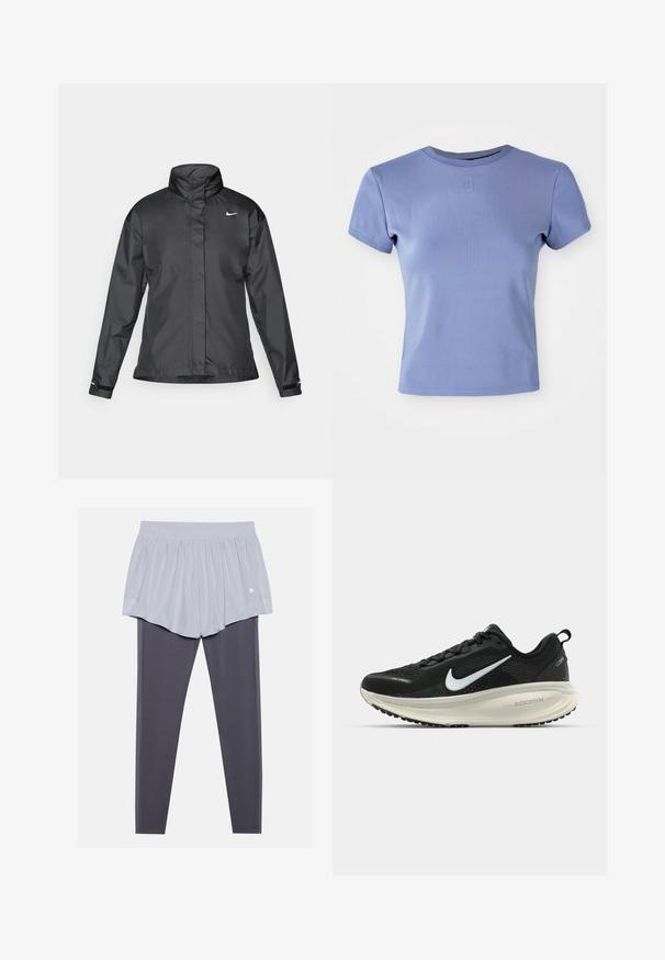 Zwarte windjack met een hoge kraag, volledige rits aan de voorkant en het Nike-logo op de borst; gemaakt van gladde, lichte stof.; Lichtpaarse getailleerde t-shirt van ribstof, met een ronde halslijn en korte mouwen. Bevat een klein logo-accent op de borst.; Lichtgrijze sportshorts met een elastische tailleband, gedragen over donkergrijze leggings. Beide materialen zijn soepel, rekbaar en aansluitend.; Zwarte Nike hardloopschoen met ademend mesh bovenwerk, witte swoosh-logo, gestructureerde details en een crèmekleurige ZoomX middenzool.