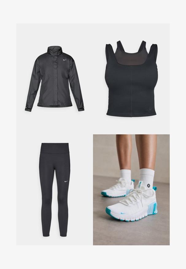 Svarte vindjakke med høy krage, full glidelås foran og Nike-logo på brystet; laget av glatt, lett materiale.; Svart treningsbh med en tettsittende design, brede stropper og et nettdeksel foran. Glatt tekstur og minimale sømmer. Nike-logo på kanten.; Sorte leggings laget av elastisk stoff, med høy livlinje og en hvit Nike-logo på venstre lår. Glatt tekstur, kroppsnær passform.; Hvite treningssko med turkise detaljer, teksturert overdel, fleksibel såle og lisser. Brukt med hvite ankelsokker.