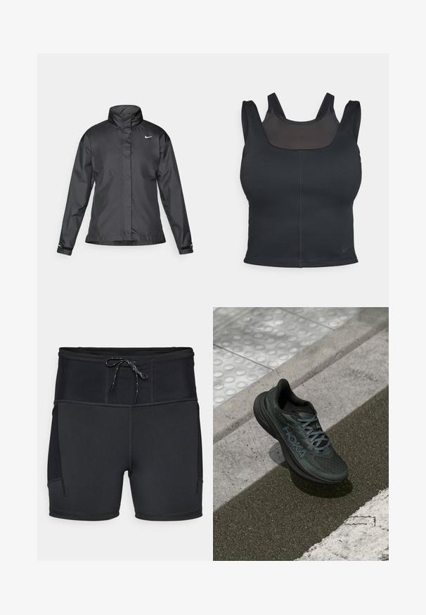 Juoda vėjui atspari striukė su aukštu apykakle, visišku užtrauktuku priekyje ir Nike logotipu krūtinėje; pagaminta iš lygaus, lengvo audinio.; Juodas sportinis liemenukas su prigludusia forma, plačiomis petnešomis ir tinklo apdaila priekyje. Lygus paviršius ir minimalūs siūlai. Nike logotipas apačioje.; Juoda sportinė šortai su aukštu juosmeniu, tekstūruota viršutinė dalis ir raištelis. Yra plokščios siūlės ir šoninės kišenės.; Juodas bėgimo batelis su tinkline viršutine dalimi, tekstūruotomis akcentais ir logotipu, su paminkštintu padu ir pilkomis raištelėmis, padėtas ant asfalto.