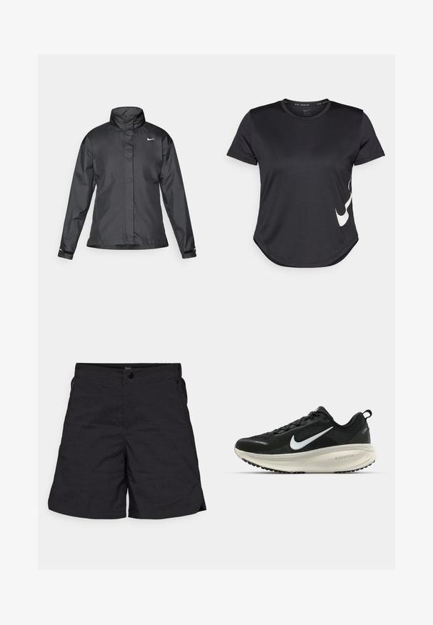 Black windbreaker jacket featuring a high collar, full zip front, and Nike logo on the chest; made of smooth, lightweight fabric.; Black athletic t-shirt with short sleeves, featuring a white Nike swoosh logo on the lower side and a rounded hem.; Black shorts made from lightweight fabric, featuring a button closure and two side pockets. Simple design with clean lines and minimal detailing.; Black Nike running shoe with breathable mesh upper, white swoosh logo, textured detailing, and a cream-colored ZoomX midsole.