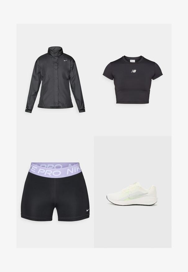 Giacca a vento nera con colletto alto, chiusura full zip e logo Nike sul petto; realizzata in tessuto leggero e liscio.; Maglietta atletica nera corta con maniche corte, realizzata in tessuto elastico. Presenta un logo bianco sul davanti, scollatura rotonda e un design aderente.; Pantaloni corti neri con una superficie liscia e una vita color lavanda con l'etichetta "NIKE PRO". Presenta un piccolo logo Nike bianco sulla gamba.; Nike Performance DOWNSHIFTER 13 - Scarpe da corsa su strada - sail/silver-coloured photon dust/summit white/barely volt/black
