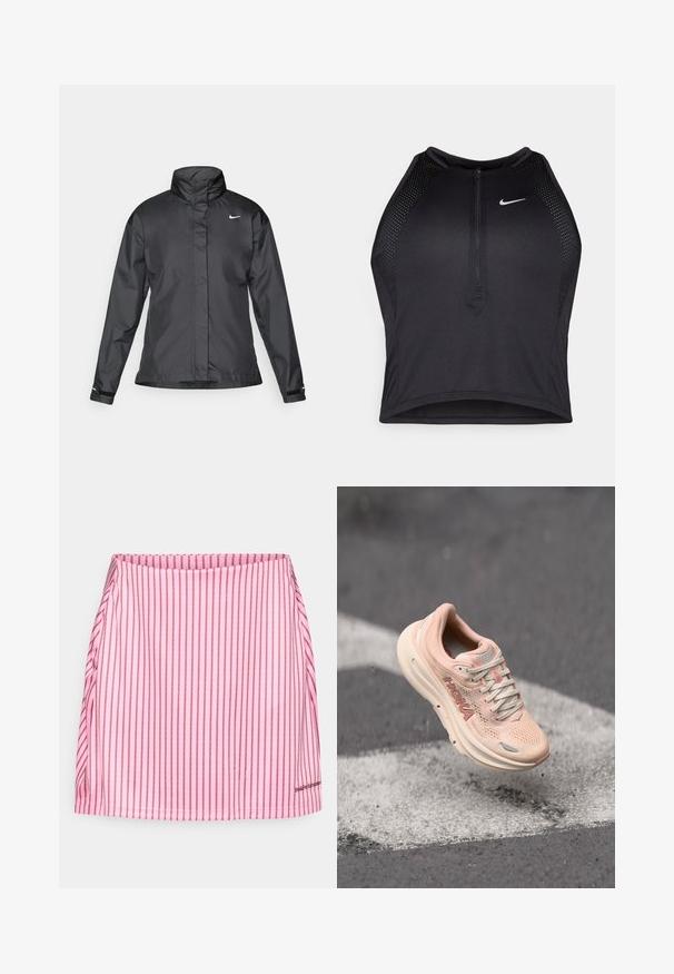 Must mustakate libi, millel on kõrge krae, täispikk tõmblukk ja Nike logo rinnal; valmistatud siledast, kergetest kangast.; Must negra spordiline crop top, millel on lukk ees, võrgukangast detailid ja vormiv disain. Valmistatud venivast ja hingavast kangast. Nike logo ees.; Roosa mini seelik vertikaalsete punaste triipudega. Sile tekstuur, sobiv disain ning väike brändi logo alumisel paremal äärel.; Heled roosa jooksujalats, millel on võrkmaterjalist pealmine osa, polsterdatud kaelus ja paks, kreemikarva tald. Bränding on nähtav küljes.