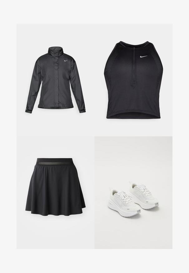 Casaco corta-vento preto com colarinho alto, fecho éclair frontal e logótipo da Nike no peito; feito de um tecido suave e leve.; Top cropped atlético preto com fecho à frente, acentos em malha e um design ajustado. Feito de tecido elástico e respirável. Logótipo da Nike na frente.; Saia atlética preta com um design com babados, cintura elástica com um destaque em rede e um emblema na parte inferior.; Tênis atléticos brancos com um cabedal de malha texturizada, sola acolchoada e discretos detalhes em cinza. Inclui logótipo e aba de calcanhar em laço para facilitar o calçar.