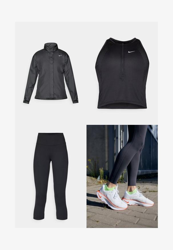 Fekete szélálló dzseki magas gallérral, teljes cipzárral elöl és Nike logóval a mellkason; sima, könnyű anyagból készült.; Fekete sportos crop top, elöl cipzárral, hálós kiegészítőkkel és testhez álló kialakítással. Rugalmas, lélegző anyagból készült. Nike logó elöl.; Fekete, rövidített leggings elasztikus anyagból, magas derékkal és sima textúrával, látható minták vagy fémalkatrészek nélkül.; Fehér sportcipők narancssárga részletekkel, texturált felsőrésszel és neon zöld zoknival, fekete leggingszel párosítva, amelyeken részletes varrás található.