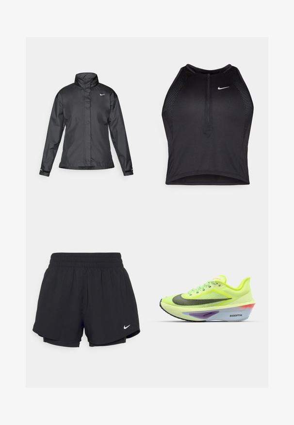 Fekete szélálló dzseki magas gallérral, teljes cipzárral elöl és Nike logóval a mellkason; sima, könnyű anyagból készült.; Fekete sportos crop top, elöl cipzárral, hálós kiegészítőkkel és testhez álló kialakítással. Rugalmas, lélegző anyagból készült. Nike logó elöl.; Fekete sportnadrág, gumírozott derékpánttal, belső béléssel és fehér Nike logóval az alsó bal oldalon. Similaire, könnyű anyag.; Zöld és sárga futócipő, hálós felső résszel, lekerekített orral, fekete és ezüst díszítéssel, valamint színes habtalppal, amelyen "ZOOMX" felirat található.