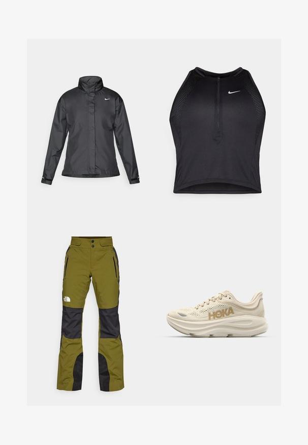 Melnā vēja izturīgā jaka ar augstu apkakli, pilnu rāvējslēdzēju priekšpusē un Nike logo uz krūšu; izgatavota no gludas, vieglas auduma.; Melnā sportiskā augšdaļa ar rāvējslēdzēju priekšpusē, acs akcenti un pieguloša dizaina. Izgatavota no elastīga, elpojoša auduma. Nike logo priekšpusē.; Olīvzaļi āra bikses ar melniem akcentiem, izgatavotas no izturīga materiāla. Aprīkotas ar divām kabatām ar rāvējslēdzējiem un divu pogu jostasvietu.; Gaiša beiga skriešanas apava ar sietveida augšdaļu, mīkstu apkaklīti, izteiksmīgu "HOKA" zeltītu logotipu un biezu, mīkstinātu zoli komfortam.