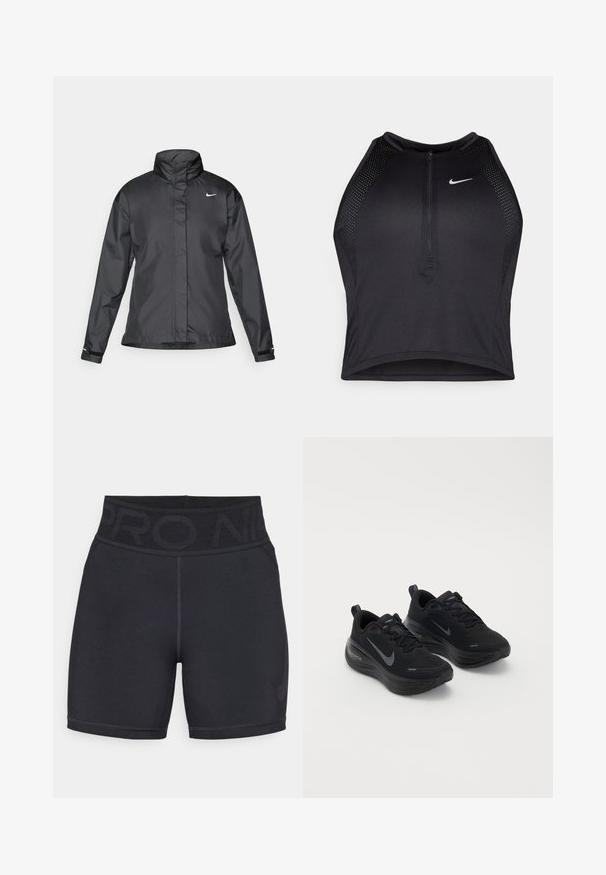Chaqueta cortavientos negra con cuello alto, cierre frontal de cremallera completa y logo de Nike en el pecho; fabricada con un tejido suave y ligero.; Top corto deportivo negro con cremallera frontal, detalles de malla y un diseño ajustado. Fabricado con tejido elástico y transpirable. Logo de Nike en la parte frontal.; Pantalones cortos deportivos negros fabricados con material elástico, con una cintura alta que lleva impreso "PRO" y un pequeño logo en la esquina inferior.; Zapatillas deportivas negras con un upper texturizado, diseño con cordones y una suela gruesa y acolchada. Presenta un logo de Nike gris a cada lado.