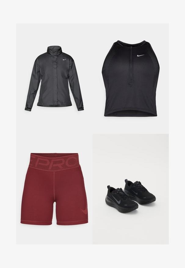 Musta tuulitakki, jossa on korkea kaulus, vetoketjullinen etuosa ja Nike-logo rinnassa; valmistettu sileästä ja kevyestä kankaasta.; Musta urheilullinen crop-top, jossa on vetoketjukiinnitys, verkkokankaiset yksityiskohdat ja istuva malli. Valmistettu joustavasta ja hengittävästä kankaasta. Nike-logo edessä.; Viininpunaiset urheilushortsit, joissa on leveä joustava vyötärö, jossa on hienovarainen kohokuvioitu kuvio ja pieni Nike-logo alhaalla.; Mustat urheilukengät, joissa on teksturoitu yläosa, nauhakiinnitys ja paksu, pehmustettu pohja. Molemmin puolin on harmaa Nike-logo.