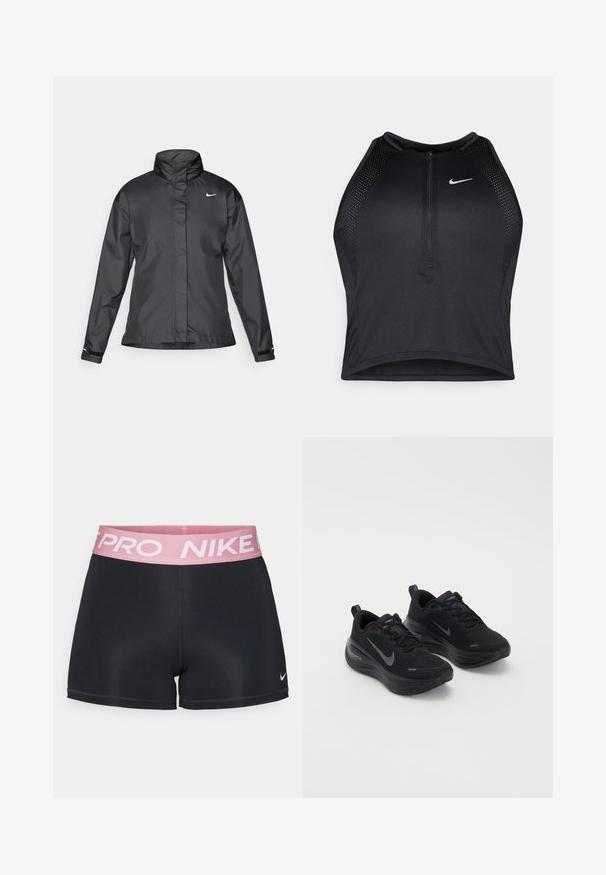 Zwarte windjack met een hoge kraag, volledige rits aan de voorkant en het Nike-logo op de borst; gemaakt van gladde, lichte stof.; Zwarte atletische crop top met een rits aan de voorkant, mesh accenten en een aansluitend ontwerp. Gemaakt van rekbare, ademende stof. Nike-logo aan de voorkant.; Zwarte sportshorts met een roze elastische tailleband met de tekst "NIKE PRO". Gemaakt van glad, rekbaar materiaal met een aansluitend ontwerp.; Zwarte sportieve schoenen met een textured bovenkant, vetersluiting en een dikke, gevoerde zool. Voorzien van een grijs Nike-logo aan elke kant.