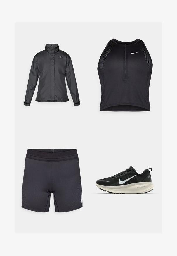 Črna vetrovka z višjim ovratnikom, popolnim zadrgo spredaj in logotipom Nike na prsih; izdelana iz gladkega, lahkega materiala.; Črn atletski kratki top z zadrgo spredaj, mrežastimi dodatki in prilegajočim dizajnom. Narejen iz raztegljivega, zračnega materiala. Logotip Nike spredaj.; Črne atletske kratke hlače iz raztegljive tkanine z gladko teksturo, z ojačanim pasom in belim logotipom na strani.; Črne Nike tekaške čevlje z zračno mrežno zgornjim delom, belim logotipom Swoosh, teksturiranimi detajli in smetanasto barvnim srednjim delom ZoomX.