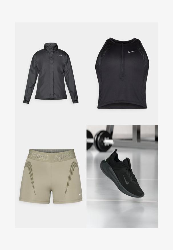 Crna vremenska jakna s visokim ovratnikom, punim zatvaračem sprijeda i Nike logom na grudima; izrađena od glatkog, laganog materijala.; Crni sportski crop top s patentnim zatvaračem, mrežastim detaljima i prilagođenim dizajnom. Izrađen od rastezljivog, prozračnog materijala. Nike logo na prednjoj strani.; Nike Pro kratke hlače u maslinastozelenoj boji, izrađene od rastezljivog materijala; imaju teksturirani pojas i dijagonalne pruge na stranama.; Crna sportska tenisica s Nike logotipom, prikazana u zraku na podu teretane, s mutnom stalcem za bučice u pozadini.