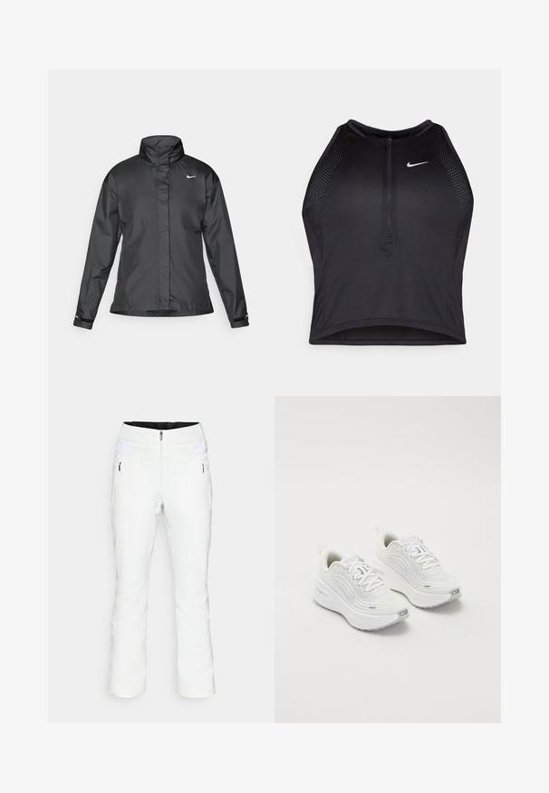 Jachetă neagră tip windbreaker cu guler înalt, fermoar înaintat și logo Nike pe piept; fabricată dintr-un material neted și ușor.; Top sportiv black, cu croială scurtă, cu fermoar în față, accente din plasă și un design ajustat. Fabricat dintr-un material elastic și respirabil. Logo-ul Nike pe față.; Pantaloni de schi albi cu croială slabă, fermoar frontal, închidere cu două butoane, buzunare laterale și talie elastică cu accente Velcro. Textură netedă.; Pantofi sport albi cu un superior din plasă texturată, talpă amortizată și accente subtile de gri. Include branding și un buclă la călcâi pentru a fi ușor de încălțat.