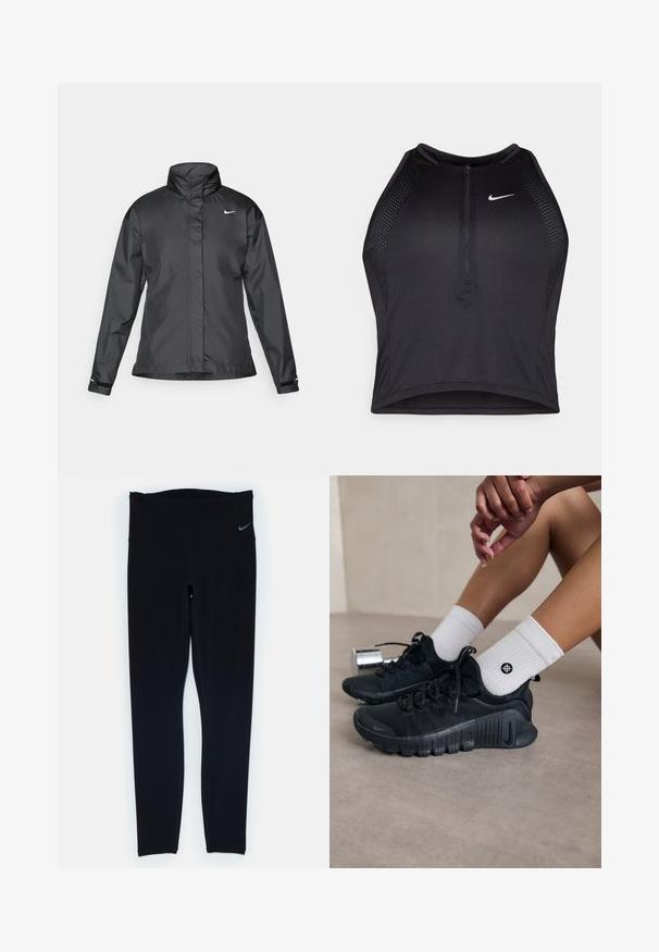 Chaqueta cortavientos negra con cuello alto, cierre frontal de cremallera completa y logo de Nike en el pecho; fabricada con un tejido suave y ligero.; Top corto deportivo negro con cremallera frontal, detalles de malla y un diseño ajustado. Fabricado con tejido elástico y transpirable. Logo de Nike en la parte frontal.; Leggings deportivos negros hechos de material elástico con una cinturilla ancha y costuras cosidas. Presenta un pequeño logo en la cintura.; Zapatillas deportivas negras con tejido texturizado, diseño de cordones y una suela prominente, combinadas con calcetines blancos de canalé que presentan un pequeño logo.