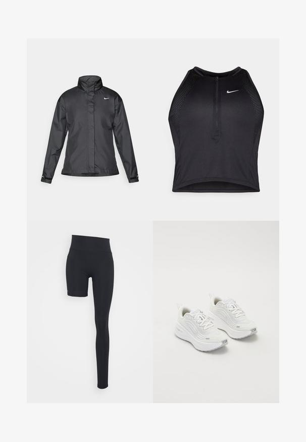 Čierna vetrovka s vysokým golierom, plným zipsom na prednej strane a logom Nike na hrudi; vyrobená z hladkej, ľahkej tkaniny.; Čierny športový crop top so zipsom vpredu, sieťovými prvkami a priliehavým strihom. Vyrobený z pružného, priedušného materiálu. Logo Nike na prednej strane.; Even&Odd active Legíny - black/short right leg; Biele športové topánky s textúrovaným sieťovým zvrškom, polstrovanou podrážkou a jemnými šedými akcentmi. Obsahujú branding a slučkovú pätku pre jednoduché obúvanie.