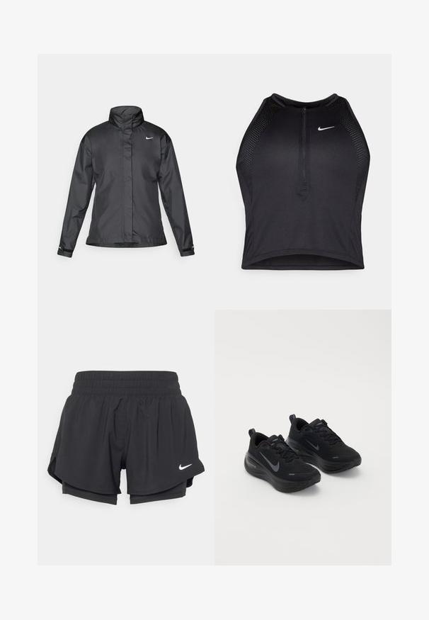 Črna vetrovka z višjim ovratnikom, popolnim zadrgo spredaj in logotipom Nike na prsih; izdelana iz gladkega, lahkega materiala.; Črn atletski kratki top z zadrgo spredaj, mrežastimi dodatki in prilegajočim dizajnom. Narejen iz raztegljivega, zračnega materiala. Logotip Nike spredaj.; Črne atletske hlače s elastičnim pasom, notranjo oblogo in stranskimi razporki. Na levi sprednji strani je bel Nike logotip.; Črne športne čevlje z teksturirano zgornjico, zasnovo na vezalke in debelim, blaženim podplatom. Na vsaki strani se nahaja sivi Nike logo.