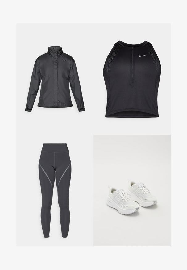 Jachetă neagră tip windbreaker cu guler înalt, fermoar înaintat și logo Nike pe piept; fabricată dintr-un material neted și ușor.; Top sportiv black, cu croială scurtă, cu fermoar în față, accente din plasă și un design ajustat. Fabricat dintr-un material elastic și respirabil. Logo-ul Nike pe față.; Colanți negri cu talie înaltă, ce prezintă o textură netedă, cusături gri decorative și un design aerodinamic, concepuți pentru îmbrăcăminte sport.; Pantofi sport albi cu un superior din plasă texturată, talpă amortizată și accente subtile de gri. Include branding și un buclă la călcâi pentru a fi ușor de încălțat.