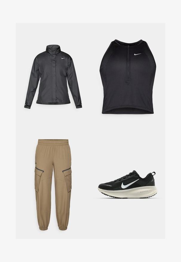Jachetă neagră tip windbreaker cu guler înalt, fermoar înaintat și logo Nike pe piept; fabricată dintr-un material neted și ușor.; Top sportiv black, cu croială scurtă, cu fermoar în față, accente din plasă și un design ajustat. Fabricat dintr-un material elastic și respirabil. Logo-ul Nike pe față.; Under Armour UNSTOPPABLE - Pantaloni - bayou/black; Pantofii de alergare negri de la Nike, cu parte superioară din plasă respirabilă, logo-ul alb Swoosh, detalii texturate și o talpă intermediară ZoomX de culoare crem.