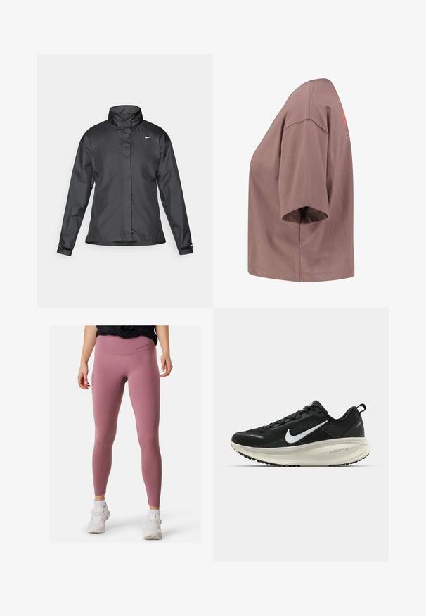 Zwarte windjack met een hoge kraag, volledige rits aan de voorkant en het Nike-logo op de borst; gemaakt van gladde, lichte stof.; Nike Performance W JORDAN X PARIS ST GERMAIN BOXY GFX - Fanartikel - plum eclipse; Roze sportlegging met een hoge taille, een gladde textuur en minimale stikdetails. Gecombineerd met witte sneakers voor contrast.; Zwarte Nike hardloopschoen met ademend mesh bovenwerk, witte swoosh-logo, gestructureerde details en een crèmekleurige ZoomX middenzool.