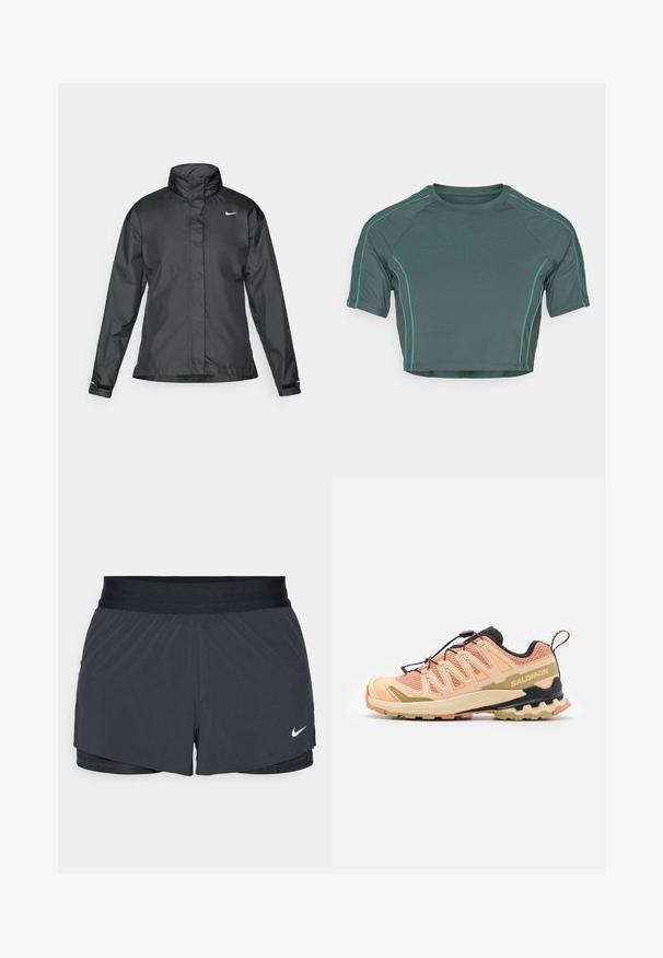 Must mustakate libi, millel on kõrge krae, täispikk tõmblukk ja Nike logo rinnal; valmistatud siledast, kergetest kangast.; Tume rohelisest kangast lühikeste varrukatega crop top, millel on kontrastsed heledamad rohelised õmblused ja ümar kaelus, sobiva kujundusega.; Mustad must sportlikud lühikesed püksid, millel on elastne vöökoht, kihiline disain ja väike valge Nike logo vasakul all. Kerge materjal.; Salomon trail jooksumise kingad roosa ja beeži värviga, tekstureeritud võrgust ülemise osaga, paindliku tallaga, eristuva kandmiskujundusega ja peegeldavate aktsentidega.