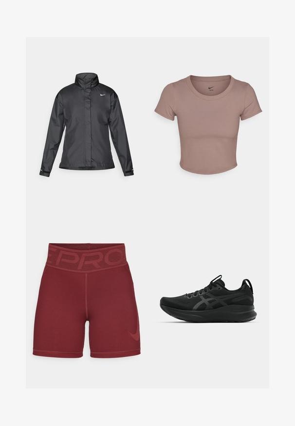 Giacca a vento nera con colletto alto, chiusura full zip e logo Nike sul petto; realizzata in tessuto leggero e liscio.; T-shirt corto marrone realizzato in tessuto liscio, con scollo rotondo e maniche corte. Logo Nike stampato all'interno del colletto.; Pantaloni sportivi color bordeaux con una ampia vita elastica caratterizzata da un delicato motivo impresso e un piccolo logo Nike sul lato inferiore.; Scarpe sportive nere con tomaia traspirante, tessuto testurizzato, suola spessa e accenti di branding discreti. Inclusi lacci e linguetta.