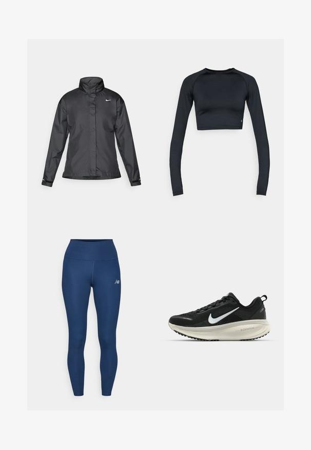 Jachetă neagră tip windbreaker cu guler înalt, fermoar înaintat și logo Nike pe piept; fabricată dintr-un material neted și ușor.; Top crop negru cu mâneci lungi, confecționat dintr-un material neted și elastic. Are un decolteu rotund și un design mulat, cu detalii subtile la tiv.; Leggings sportive de culoare bleu marin, fabricate dintr-un material elastic, având talie înaltă, textură netedă și un mic logo reflectorizant pe lateral.; Pantofii de alergare negri de la Nike, cu parte superioară din plasă respirabilă, logo-ul alb Swoosh, detalii texturate și o talpă intermediară ZoomX de culoare crem.