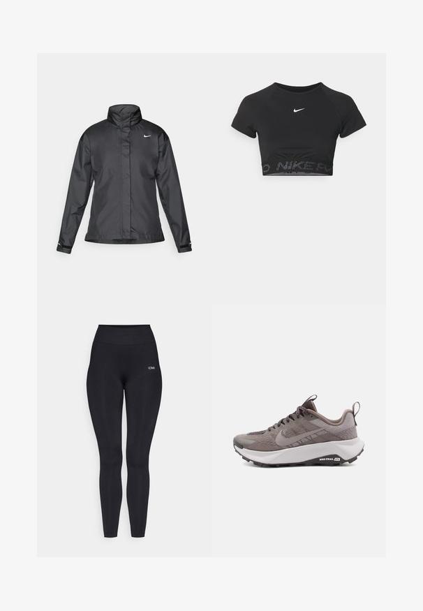 Giacca a vento nera con colletto alto, chiusura full zip e logo Nike sul petto; realizzata in tessuto leggero e liscio.; Top sportivo corto nero con maniche corte, caratterizzato da un logo Nike bianco e da un bordo testurizzato con la scritta "NIKE" in un motivo all'orlo.; Leggings neri con vita alta, realizzati in un tessuto liscio e elastico. Presentano un piccolo dettaglio con logo vicino alla vita.; Scarpe da trail running Nike grigie con tomaia testurizzata, punta rinforzata, intersuola ammortizzata e suola in gomma nera. Comprende lacci e linguetta di estrazione.