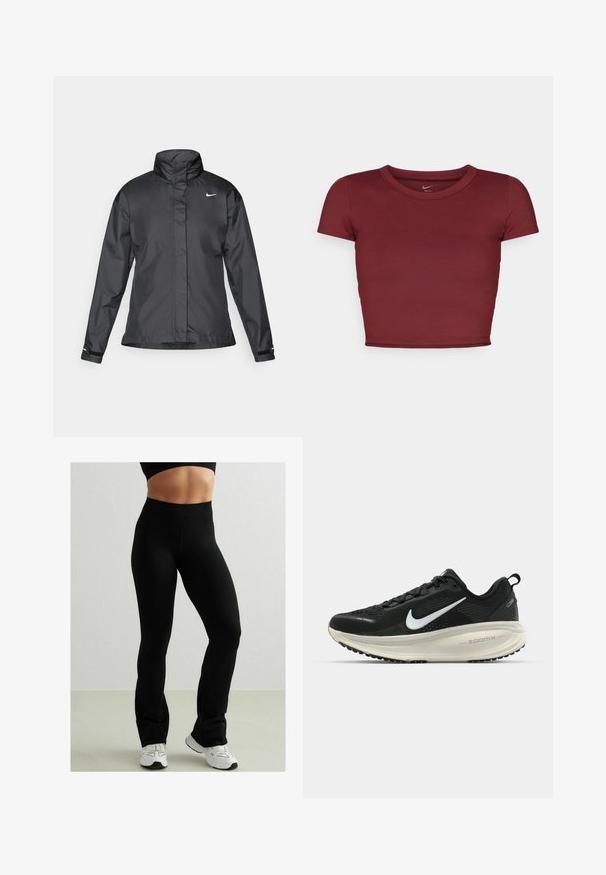 Musta tuulitakki, jossa on korkea kaulus, vetoketjullinen etuosa ja Nike-logo rinnassa; valmistettu sileästä ja kevyestä kankaasta.; Burgundy, lyhythihainen crop-top, joka on valmistettu sileästä kankaasta ja jossa on pyöreä pääntie. Minimalistinen muotoilu, ei näkyviä logoja tai kuvioita.; Mustat kireät legginssit korkealla vyötäröllä, valmistettu joustavasta materiaalista. Niissä on sileä pinta ja levenevät nilkat. Yhdistetty valkoisiin lenkkareihin.; Mustat Nike-juoksukengät, joissa on hengittävä verkko-osa, valkoinen swoosh-logo, teksturoitu yksityiskohtaus ja kermaisen värinen ZoomX-välipohja.