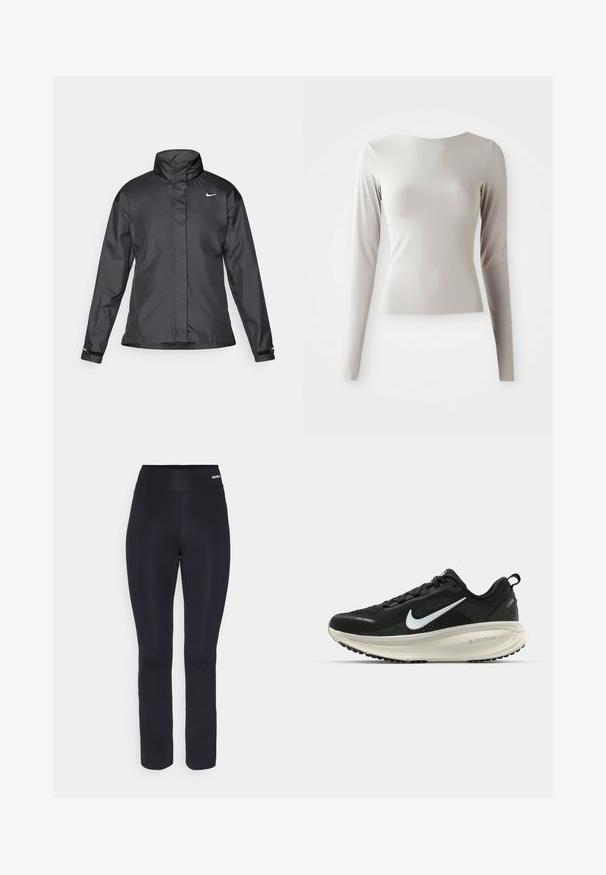 Casaco corta-vento preto com colarinho alto, fecho éclair frontal e logótipo da Nike no peito; feito de um tecido suave e leve.; Camisola de manga longa em cinza claro, feita de um tecido liso e suave, com decote redondo e uma silhueta ajustada. A bainha é ligeiramente alargada na parte inferior.; Calças de desporto pretas com uma textura suave, cintura elástica larga e um design ajustado, afinando ligeiramente em direção ao tornozelo.; Sapatilha de corrida Nike preta com parte superior de malha respirável, logotipo Swoosh branco, detalhes texturizados e uma entressola ZoomX na cor creme.