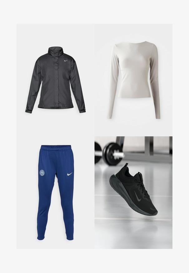 Juoda vėjui atspari striukė su aukštu apykakle, visišku užtrauktuku priekyje ir Nike logotipu krūtinėje; pagaminta iš lygaus, lengvo audinio.; Šviesiai pilka ilgomis rankovėmis palaidinė, pagaminta iš glotnaus, sklandaus audinio, su apvaliu iškirpimu ir prigludusia siluetu. Apačia šiek tiek platėja.; Tamsiai mėlyni sportiniai kelnių pagaminti iš lygaus audinio. Savybė - balta Nike logo ir apvalus komandos emblema kairėje šlaunyje. Elastinga juosmens juosta.; Juodas sportinis sportbačiai su Nike logotipu, pavaizduoti ore virš sporto salės grindų, fone išblurinta hantelių laikiklis.