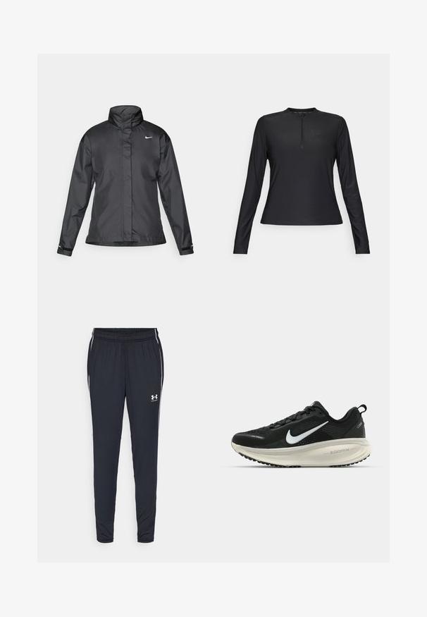 Črna vetrovka z višjim ovratnikom, popolnim zadrgo spredaj in logotipom Nike na prsih; izdelana iz gladkega, lahkega materiala.; Črna dolgopetna majica, izdelana iz gladkega in lahkega materiala. Ima zadrgo na vratu in subtilen logo na prsih.; Črne športne hlače iz lahkega materiala, z ozkim krojem, elastičnim pasom in belimi stranskimi črtami z logotipom.; Črne Nike tekaške čevlje z zračno mrežno zgornjim delom, belim logotipom Swoosh, teksturiranimi detajli in smetanasto barvnim srednjim delom ZoomX.