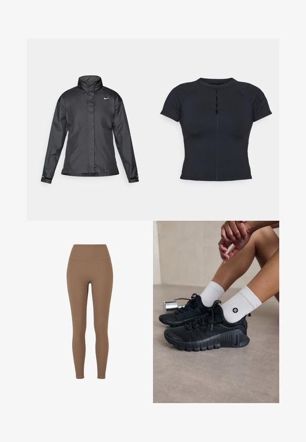 Melnā vēja izturīgā jaka ar augstu apkakli, pilnu rāvējslēdzēju priekšpusē un Nike logo uz krūšu; izgatavota no gludas, vieglas auduma.; Melnas īsām piedurknēm augsta kakla tops ar pogu detaļām priekšpusē, izgatavots no elastīga auduma, ar raglāna piedurknēm un plakanām šuvēm.; Brūnas, rievotas legingi ar augsto jostasvietu. Audums izskatās elastīgs un gluds, tam ir minimālas šuves un nav redzamu rakstu.; Melnas sporta kurpes ar teksturētu audumu, saistītu dizainu un izteiktu zoli, savienotas ar baltām ribotām zeķēm ar mazu logo.