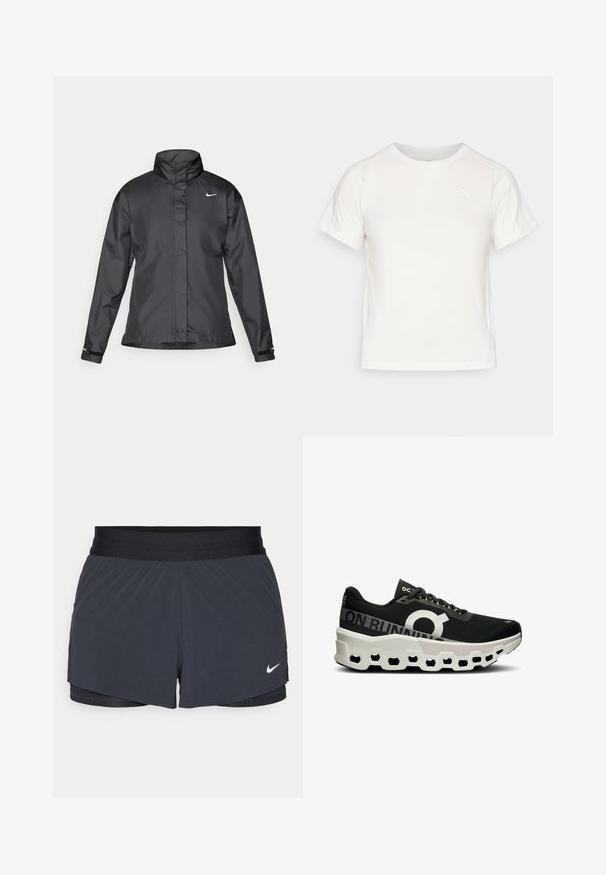 Must mustakate libi, millel on kõrge krae, täispikk tõmblukk ja Nike logo rinnal; valmistatud siledast, kergetest kangast.; Kerge valge T-särk lühikeste varrukatega, ümmarguse kaelusega ja väikese logoga vasakus ülanurgas. Sile kangas, millel on õrn läige.; Mustad must sportlikud lühikesed püksid, millel on elastne vöökoht, kihiline disain ja väike valge Nike logo vasakul all. Kerge materjal.; Mustade jooksujalatsid, millel on tekstuuriga võrkkangas ülemine osa, silmatorkav valge logo ja ainulaadne valge ja must vormitud tald, millel on kuusnurksete aukude mustrid.