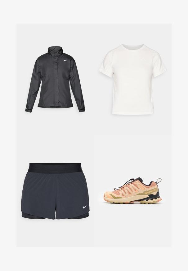 Svarte vindjakke med høy krage, full glidelås foran og Nike-logo på brystet; laget av glatt, lett materiale.; Lett, hvit T-skjorte med korte ermer, rund hals, og en liten logo i øvre venstre hjørne. Glatt stoff med en subtil glans.; Sorte treningshorts med elastisk midjebånd, med lagdelt design og liten hvit Nike-logo på nederste venstre side. Lett materiale.; Salomon terrengløpesko i rosa og beige med en teksturert mesh-overdel, fleksibel såle, et distinkt heildesign og reflekterende detaljer.