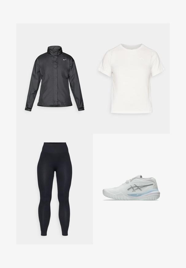 Melnā vēja izturīgā jaka ar augstu apkakli, pilnu rāvējslēdzēju priekšpusē un Nike logo uz krūšu; izgatavota no gludas, vieglas auduma.; Viegls balts T-krekls ar īsām piedurknēm, apaļu kaklu un mazu logo augšējā kreisajā stūrī. Gluda auduma faktūra ar maigu spīdumu.; Melnas ribotas legingi ar augstu jostas vietu, izgatavoti no elastīga materiāla. Iezīmes gluda tekstūra ar vertikālām rakstām.; Baltas sporta apavi ar teksturētu virsu, ar caurspīdīgu zilu zoli un diskretu pelēku zīmolu uz sāniem. Apaļš purngals un zems profils.