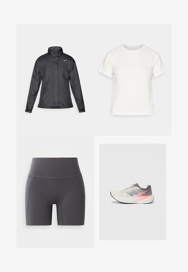 Black windbreaker jacket featuring a high collar, full zip front, and Nike logo on the chest; made of smooth, lightweight fabric.; Lightweight white T-shirt with short sleeves, round neck, and a small logo in the upper left corner. Smooth fabric with a subtle sheen.; Gray athletic shorts with a high waistband, made from smooth, stretchy fabric. Features flatlock seams and a fitted design.; Light gray and pink New Balance running shoe with thick white sole and black outsole, side view on plain background.