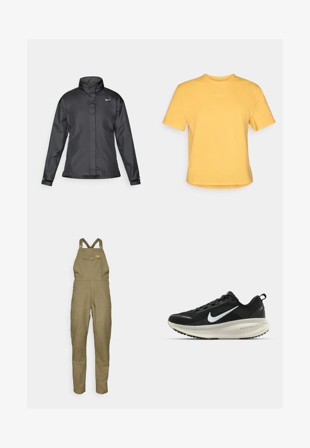 Svarte vindjakke med høy krage, full glidelås foran og Nike-logo på brystet; laget av glatt, lett materiale.; Gul kortermet T-skjorte med rund nakke, laget av mykt stoff. Har en subtil logo på brystet og en rett nederkant.; Fjällräven VARDAG DUNGAREE TROUSERS W - Friluftsbukser - green; Svart Nike løpesko med pustende mesh-overdel, hvit swoosh-logo, teksturert detaljer og en kremfarget ZoomX mellomsåle.
