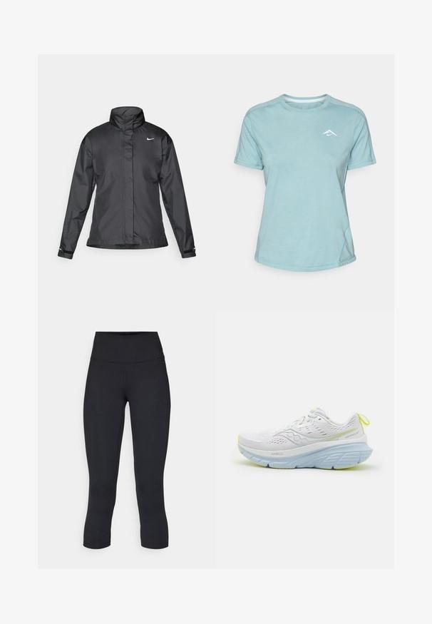 Black windbreaker jacket featuring a high collar, full zip front, and Nike logo on the chest; made of smooth, lightweight fabric.; Light blue short-sleeve t-shirt made of soft fabric, featuring a round neckline and a small white logo on the chest. Seam detailing visible.; Black cropped leggings made of stretchy fabric, featuring a high waistband and smooth texture, with no visible patterns or hardware.; White running shoe with a mesh upper, featuring light blue accents and a thick sole. Notable yellow details on the sole and heel tab.