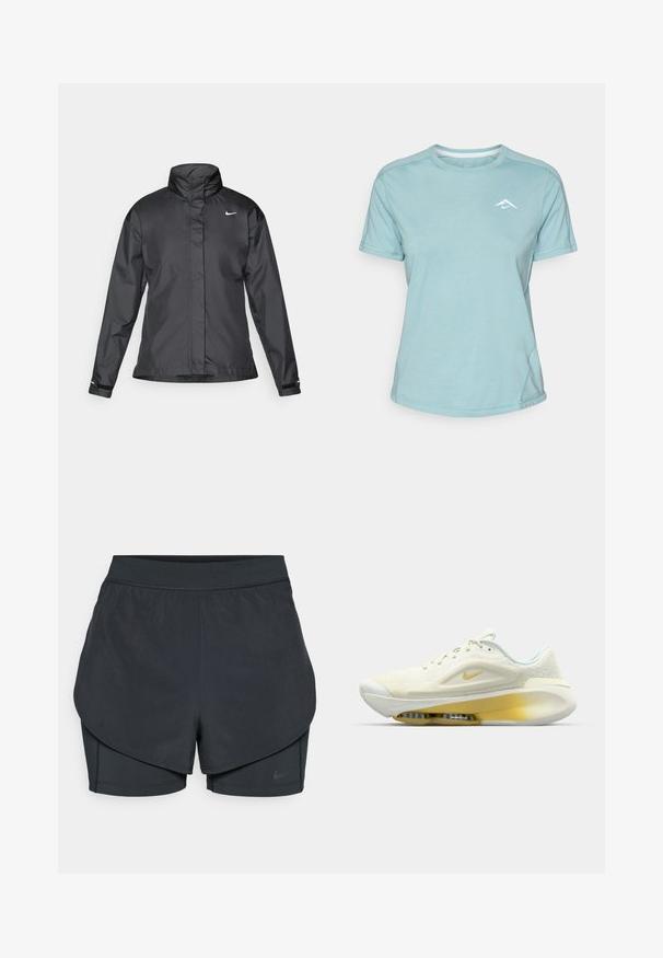 Sort vindjakke med høj krave, fuld lynlås foran og Nike-logo på brystet; lavet af glat, let vævning.; Lys blå kortærmet t-shirt lavet af blødt stof, med rund halsudskæring og et lille hvidt logo på brystet. Synlige sømdetaljer.; Sorte atletiske shorts med et lagdelt design, der har et glat yderlag og tætsiddende indershorts. Lavet af letvægts, strækbart stof.; Nike træningssko i lys gul og hvid. Har mesh-overdel, polstret krave og en synlig Air Zoom-enhed i sålen. Teksturstof.